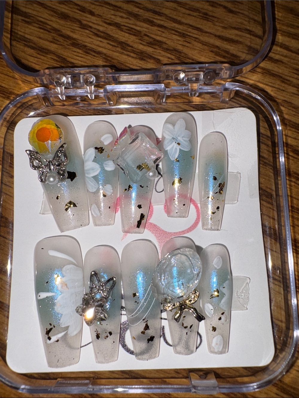 Press-On Nail Set — Iridescent Blue & White Floral Design